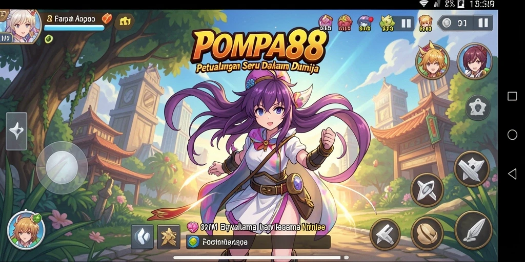 Tampilan gameplay POMPA88 dengan karakter anime yang penuh aksi.