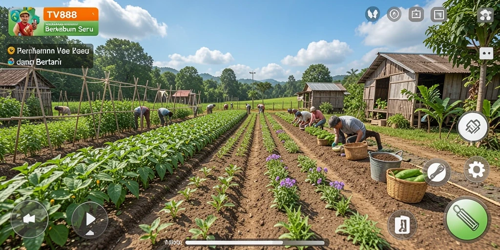 Tampilan screenshot TV888 menampilkan kebun yang rimbun dan hewan peliharaan.