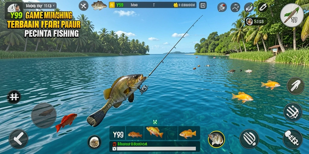 Screenshot gameplay Y89 yang menunjukkan aksi memancing seru.